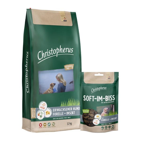 Christopherus Getreidefrei - Forelle + Insekt 12kg + Soft-Im-Biss mit Forelle + Insekt 125g gratis